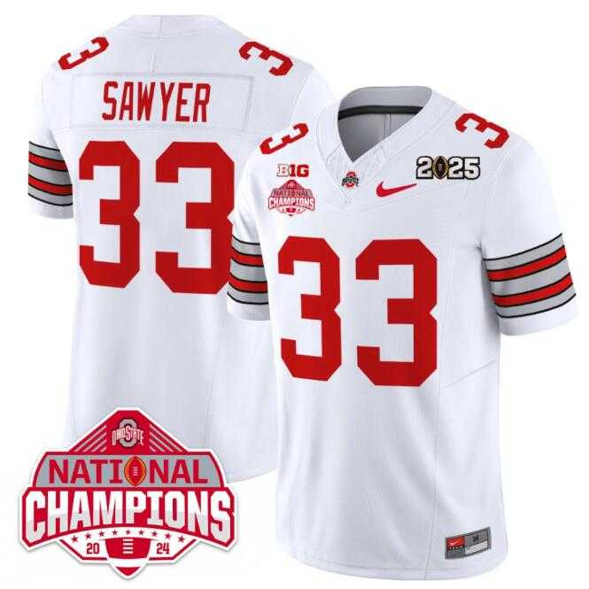 Mens Ohio State Buckeyes #33 Jack Sawyer White 2025 CFP Final With National Champions Patch F.U.S.E. Vapor Limited Stitched Jersey Dzhi